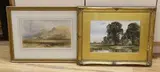 Thatched cottages beside a pond, and Corn stooks in a landscape, both initialled, 24 x 35cm and 21 x 36cm, frames differ by Edmund Morison Wimperis, watercolor, sold Jun 2023