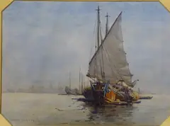 Fishing boats at anchor by Joseph Harold Swanwick, watercolour, sold Jun 2023