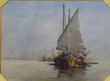 Fishing boats at anchor by Joseph Harold Swanwick, watercolour, sold Jun 2023