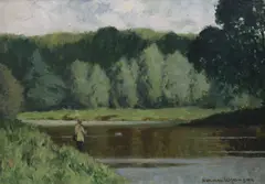 Angler beside a river, 34 x 49cm by Norman Wilkinson, oil on canvas, sold Jun 2023