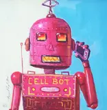 Cell Bot by Raymond Campbell, oil on board, sold Jun 2023
