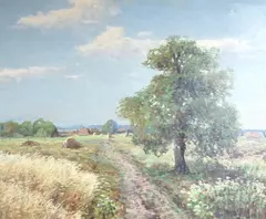 Harvest landscape by Wicktor Korecki, oil on canvas, sold Jun 2023