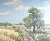 Harvest landscape by Wicktor Korecki, oil on canvas, sold Jun 2023