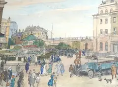 Figures beside a band-stand, Dover by Randolph Schwabe, 1924, pencil and watercolour, sold Jun 2023
