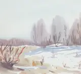 Winter landscape by Heorhiy Ye Babichuk, watercolour, offered Jun 2023