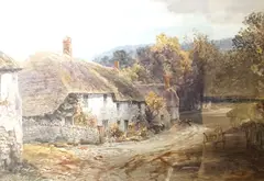 Horse and cart passing thatched cottages by Alfred Leymann, watercolour, sold Jun 2023