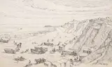 Cromer beach and pier by Tom W.Armes, ink, sold Jun 2023