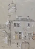 Le Manoire du Toulouse Lautrec, Langedoc by John Skelton, 1990, pencil and conté, sold Jun 2023