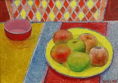 Fruit on a table top by Terry Long, oil on board, offered May 2023