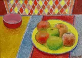 Fruit on a table top by Terry Long, oil on board, offered May 2023