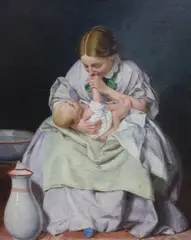 Washing Baby by Charles Rossiter, oil on canvas, sold May 2023