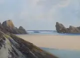 West Country beach scene by Reginald Daniel Sherrin, gouache, sold May 2023