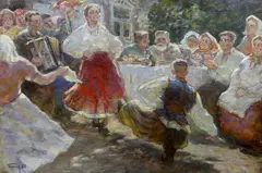 A Festive Occasion in the Village by Michail Bozhij, 1968, oil on canvas, sold May 2023