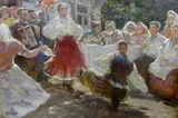 A Festive Occasion in the Village by Michail Bozhij, 1968, oil on canvas, sold May 2023