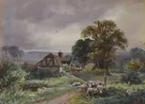 Shepherd and flock on a country lane by Henry Charles Fox, 1924, watercolour, sold May 2023