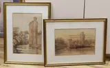 Ruined castle' and 'Abbey by J.M. Burton, 1880, watercolor, offered May 2023