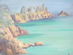 Coastal rocks by Elizabeth Lamorna Kerr, oil on board, sold May 2023