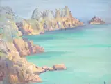 Coastal rocks by Elizabeth Lamorna Kerr, oil on board, sold May 2023