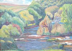 Wooded river landscape by Elizabeth Lamorna Kerr, oil on board, sold May 2023