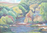 Wooded river landscape by Elizabeth Lamorna Kerr, oil on board, sold May 2023