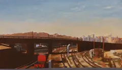 Railway tracks with a castle beyond, initialled and dated ’84, 64 x 102cm by John James, oil on canvas, offered May 2023