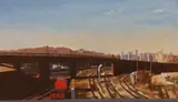 Railway tracks with a castle beyond, initialled and dated ’84, 64 x 102cm by John James, oil on canvas, offered May 2023