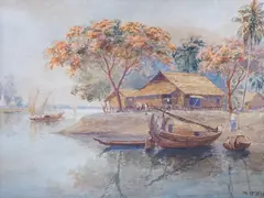 Village viewed from the river by Mg Tun Hla, watercolour, sold May 2023