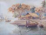 Village viewed from the river by Mg Tun Hla, watercolour, sold May 2023