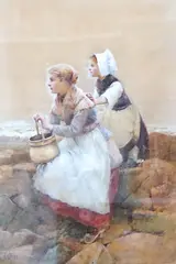 Fishergirls on the shore by Hector Caffieri, watercolour, sold May 2023