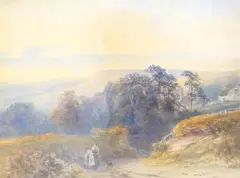 Figures on a country lane by Frank Gresley, watercolour, sold May 2023