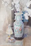 Still life of honesty in a Chinese vase by David Thomas Rose, watercolour, sold May 2023