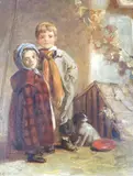 Children standing beside a kennel by Thomas Webster, 1852, oil on wood, offered May 2023