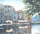 Riverside houses by Gabriel Mathieu, oil on board, sold May 2023