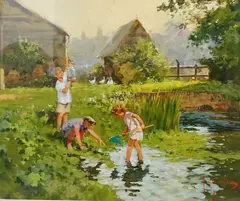 Tadpolers by John Haskins, oil on board, sold May 2023