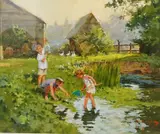 Tadpolers by John Haskins, oil on board, sold May 2023