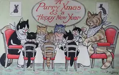 A Purry Xmas' and 'A Happy New Year by Frederic George Lewin, ink and watercolour, sold May 2023