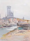 Tower of St Rule, St Andrews from the harbour by William Alister Macdonald, 1902, watercolour, sold May 2023