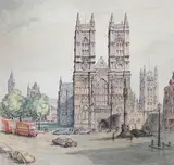 London street scenes, 31 x 31cm, unframed by Adeline Margery Barker, ink and watercolour, sold May 2023