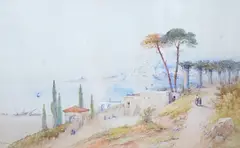 Mediterranean coastal landscape by Frank Catano, watercolour, offered May 2023