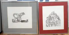 Huntsman in a landscape' and 'Lizard man by Christopher Boock, print (other), sold May 2023