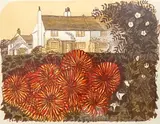 Country garden and cottage (2) by Robert Tavener, linocut, sold May 2023