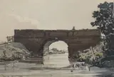 Figure on a stone bridge by Claude Muncaster, 1920, ink and watercolour, sold Apr 2023