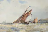 Fishing boats off the coast by Frederick James Aldridge, watercolour, sold Apr 2023