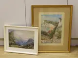 Figures in a mountainous landscape by Claude Hulk, watercolour, sold Apr 2023