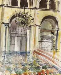 Palazzo interior by Ian Weatherhead, ink and watercolour, sold Apr 2023