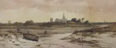 Estuary at low tide with church in the distance by Richard Henry Nibbs, watercolour, sold Apr 2023