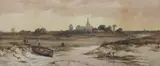 Estuary at low tide with church in the distance by Richard Henry Nibbs, watercolour, sold Apr 2023