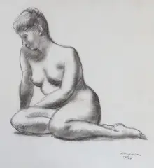 Seated female nude by Clara Klinghoffer, 1948, charcoal, sold Apr 2023