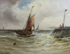 Fishing boat off a jetty by Gustave de Breanski, oil on board, sold Apr 2023