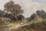 Mother and child on a country lane by James Edwin Meadows, oil on canvas, sold Apr 2023
